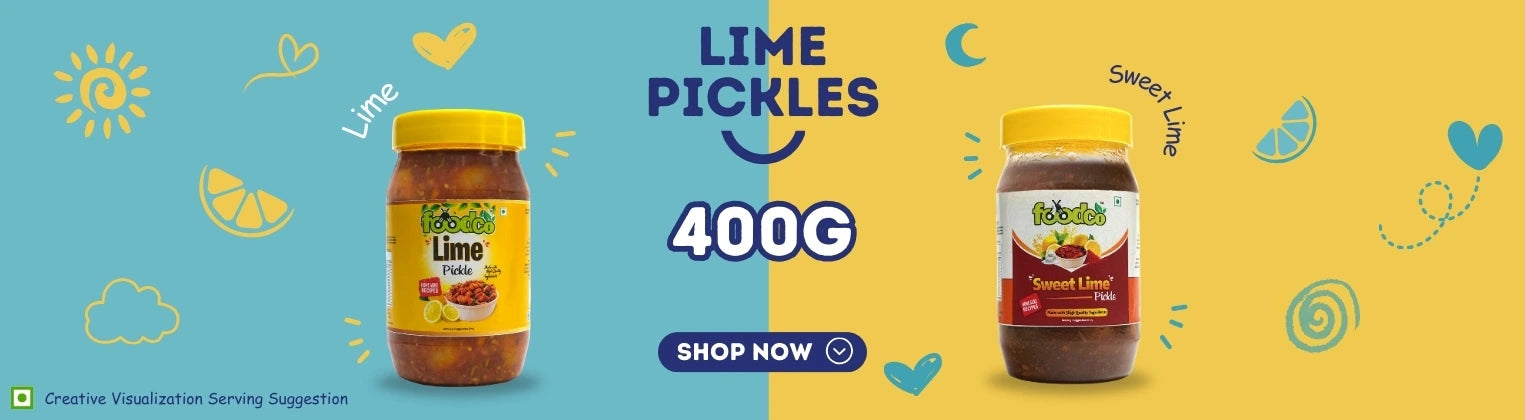 Advertisement for Lime Pickles 400g with two jars of pickles on a blue and yellow background.