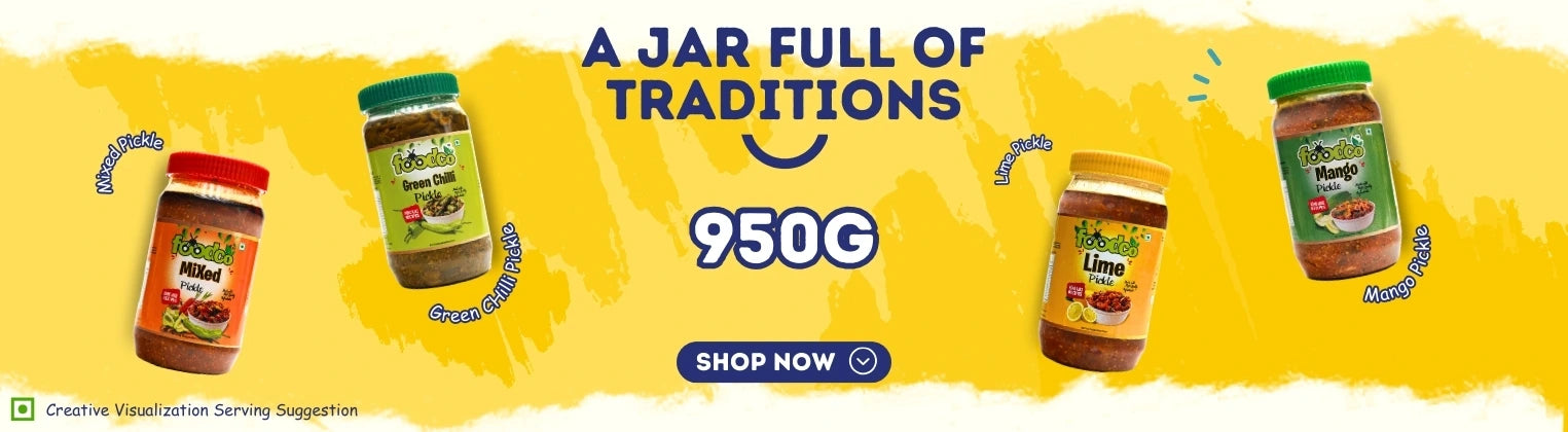 Promotional banner for a jar of food with text 'A Jar Full of Traditions' and '950G Shop Now' on a yellow background.