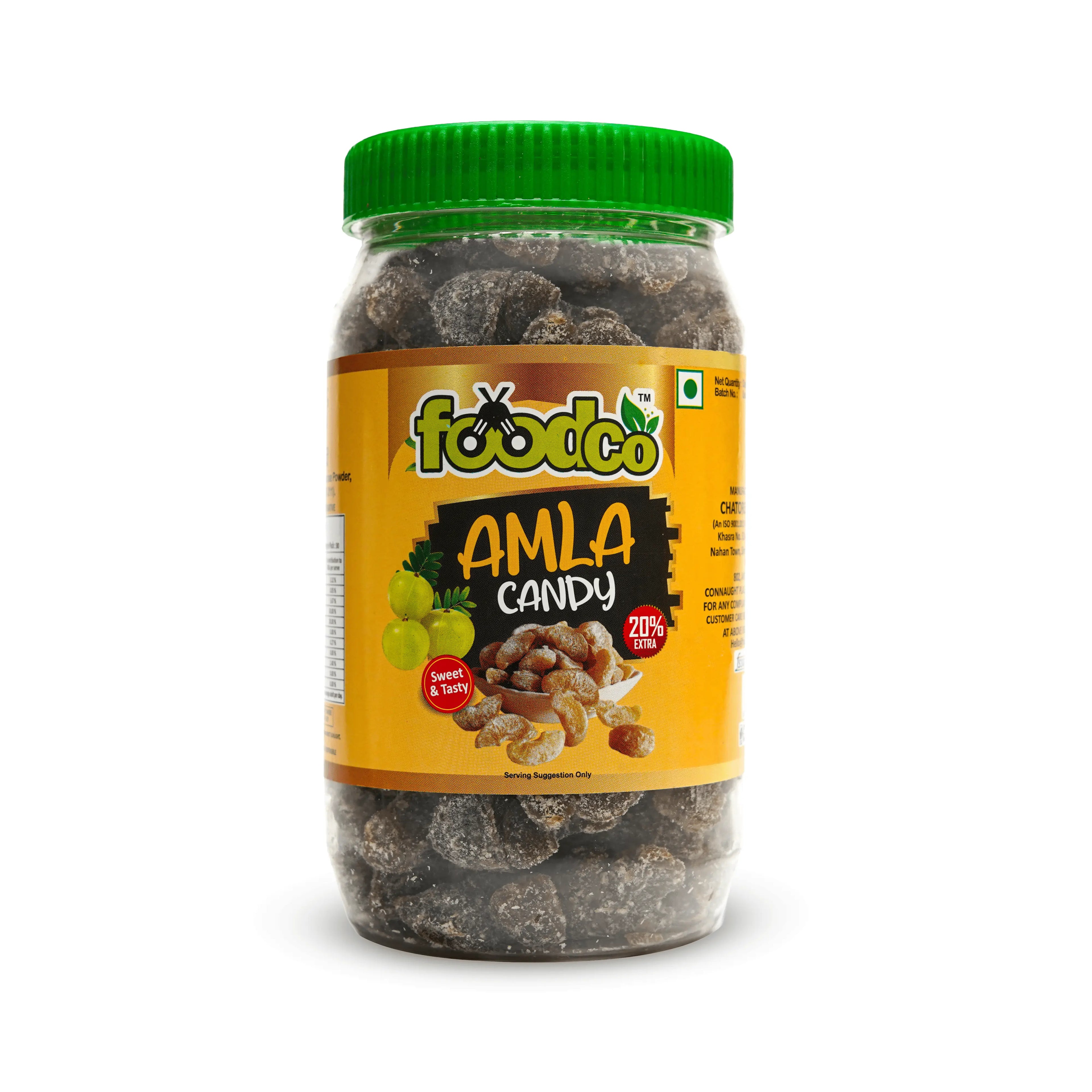 Jar of Amla candy with a yellow label and green lid on a white background