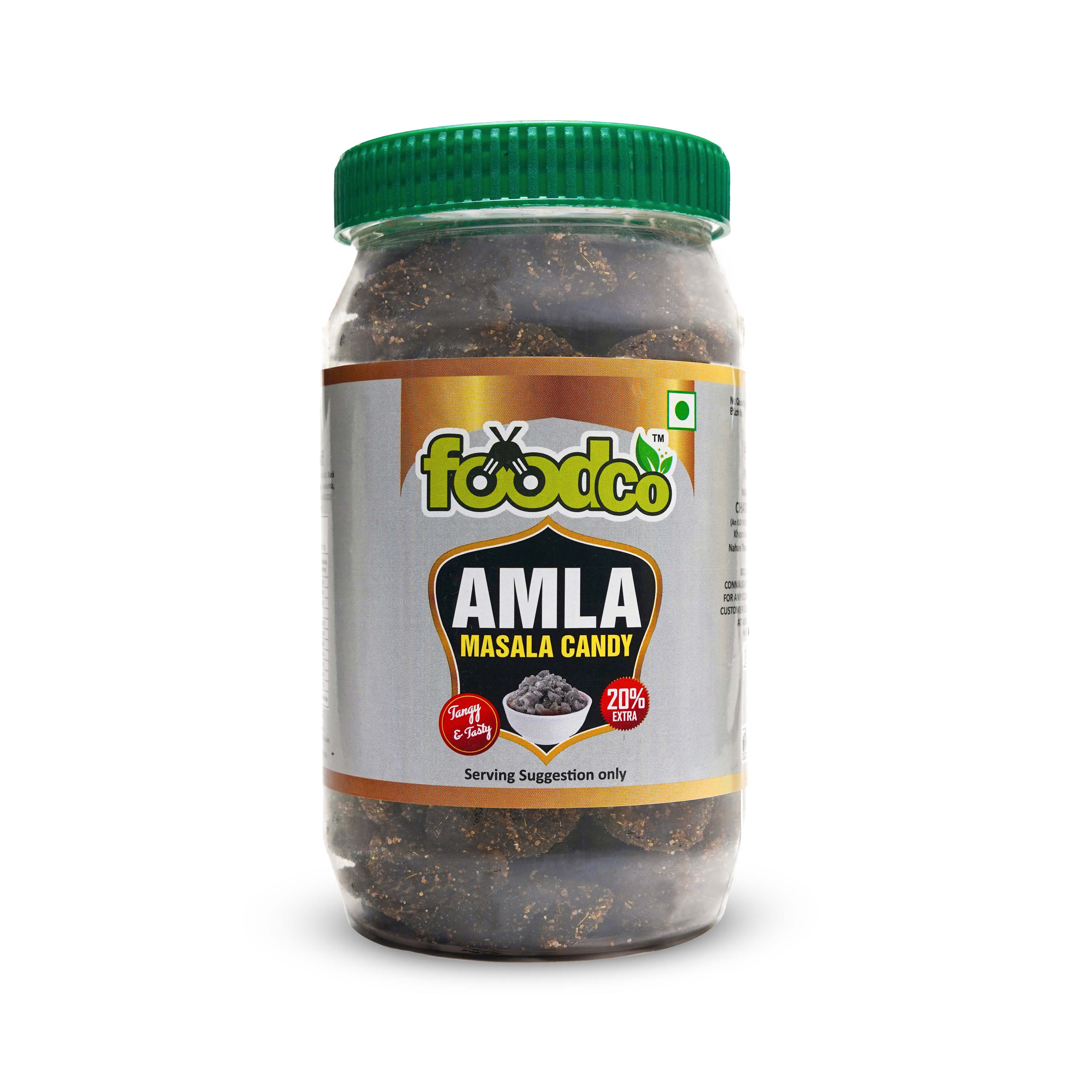 Jar of Amla Masala Candy with green lid on a white background