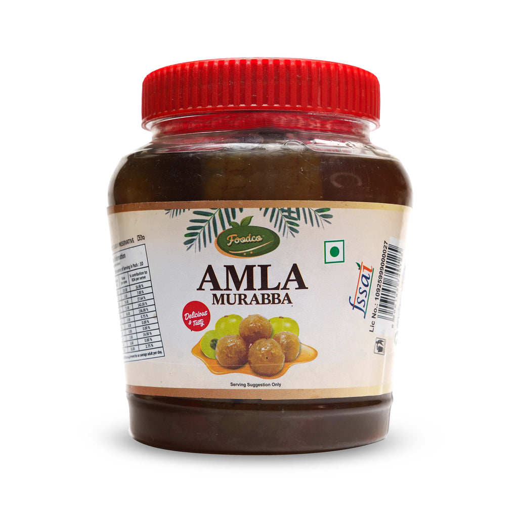 Jar of Amla Murabba with a red lid on a white background