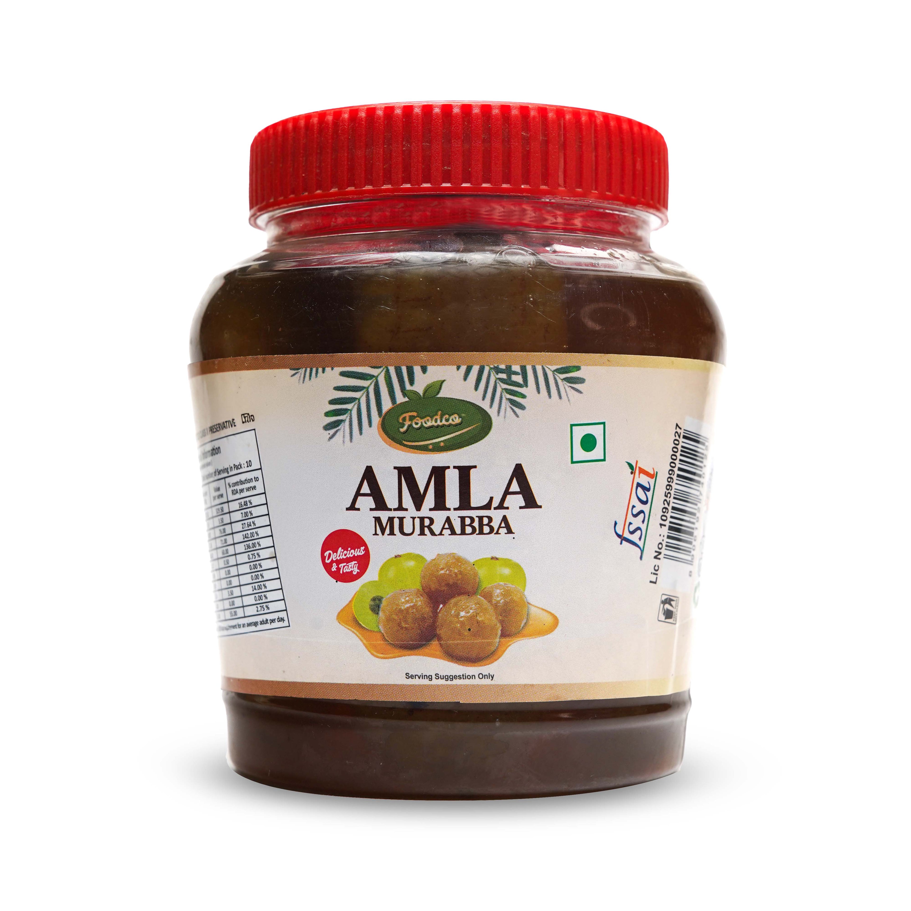 Jar of Amla Murabba with a red lid on a white background