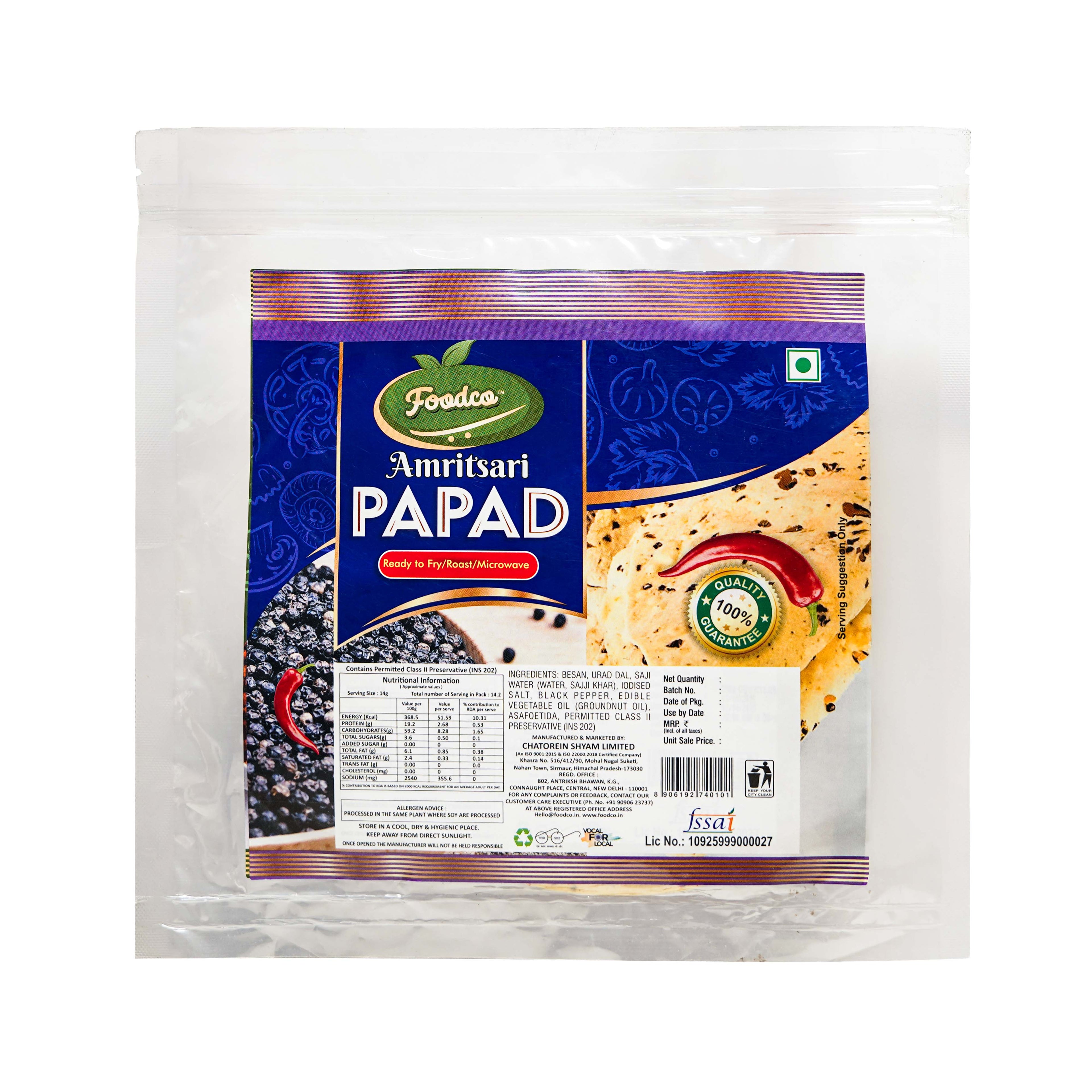 Packaged Amritsari Papad with Foodco branding on a white background