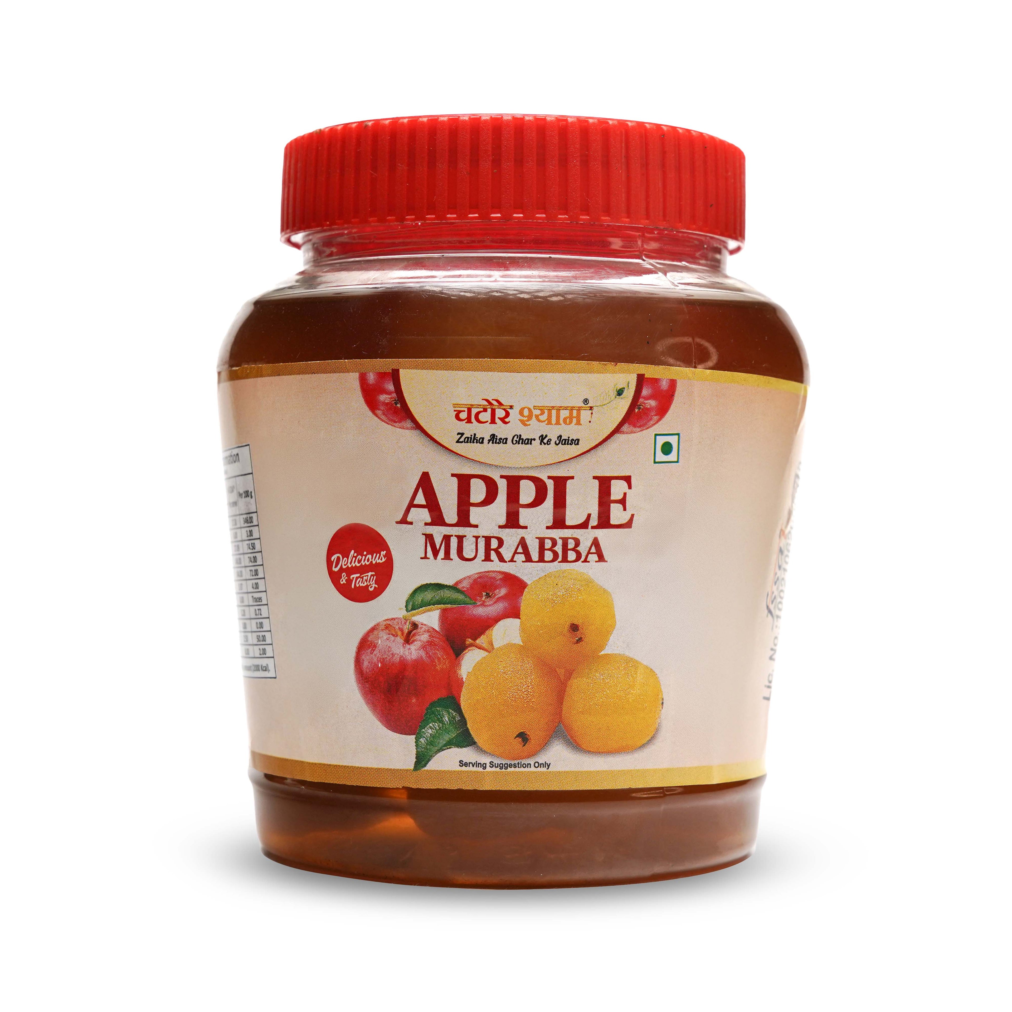 Jar of Apple Murabba with a red lid on a white background