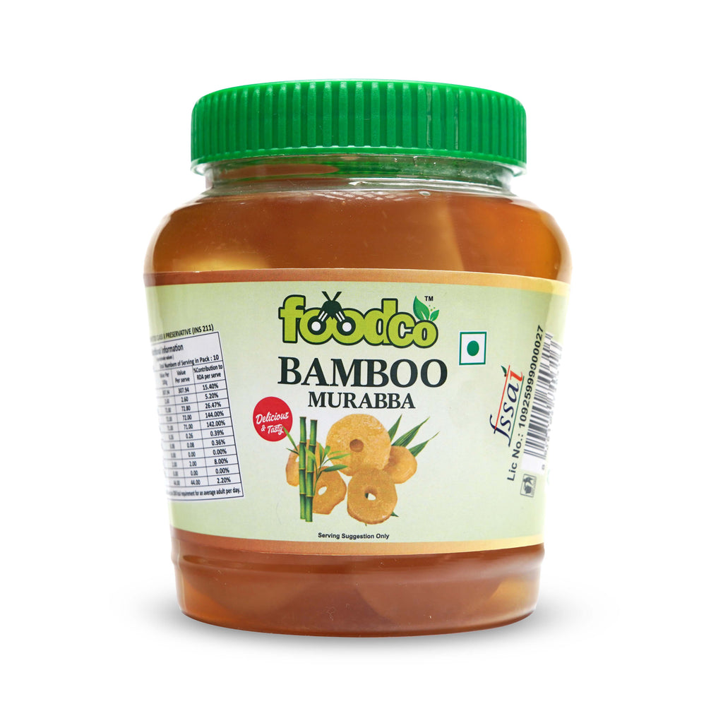 Jar of Bamboo Murabba with a green lid on a white background