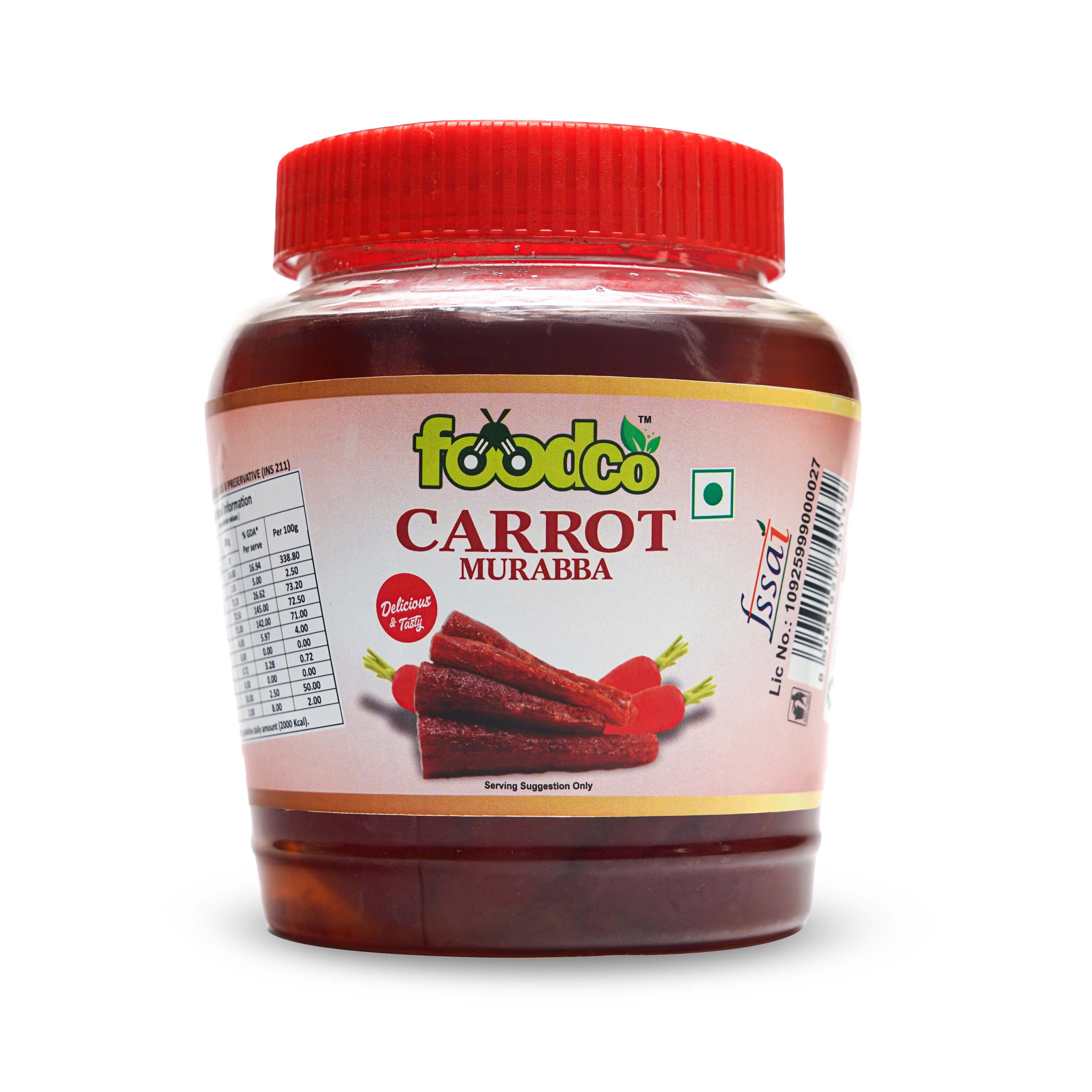 Jar of carrot murabba with a red lid on a white background