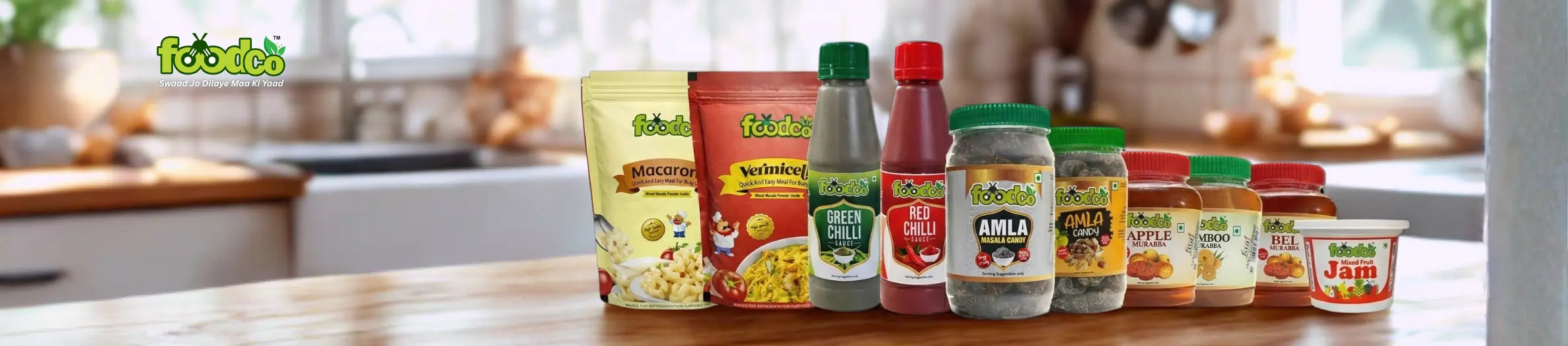 Assorted food products including bags, bottles, and jars