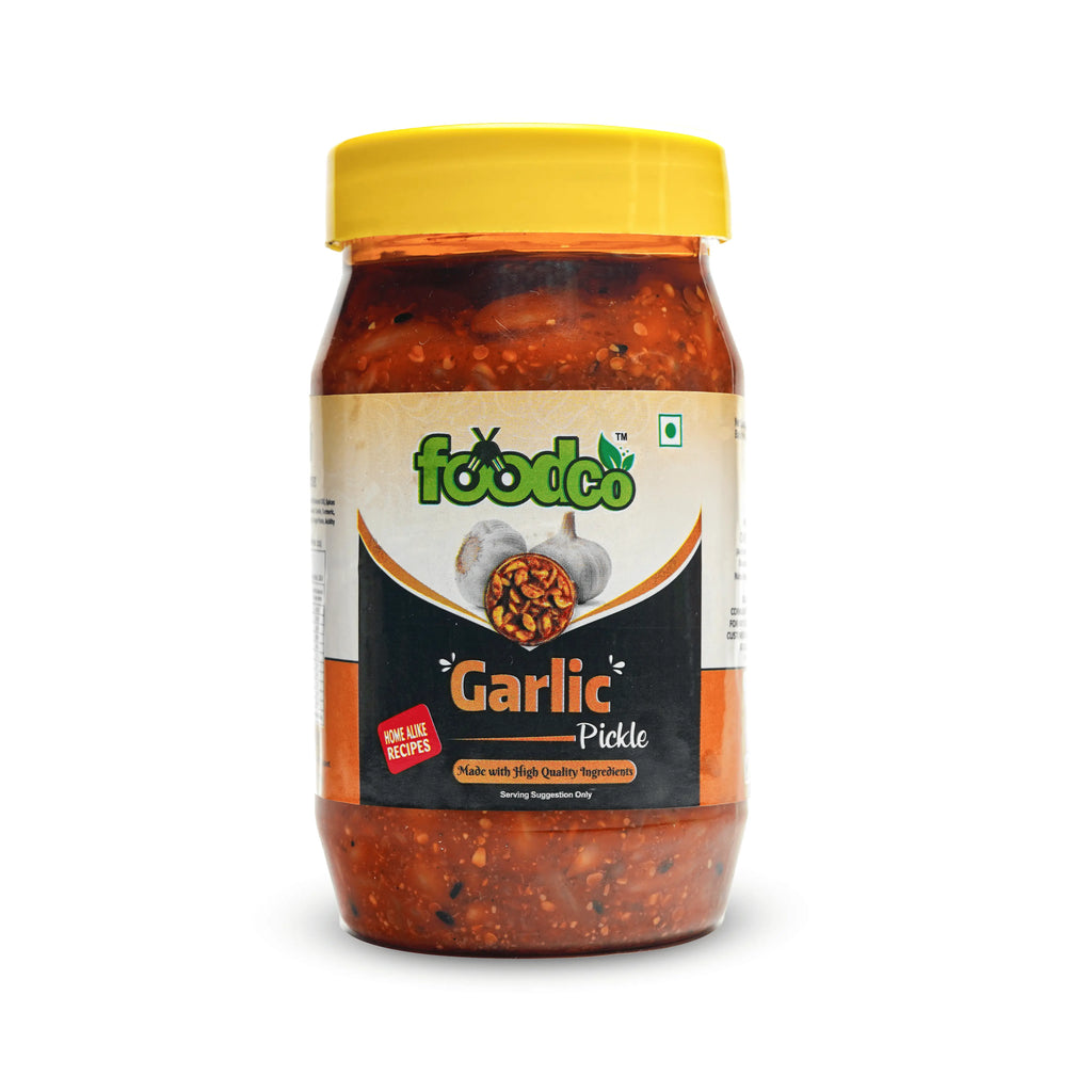 Jar of Garlic Pickle with 'Foodco' branding on a white background