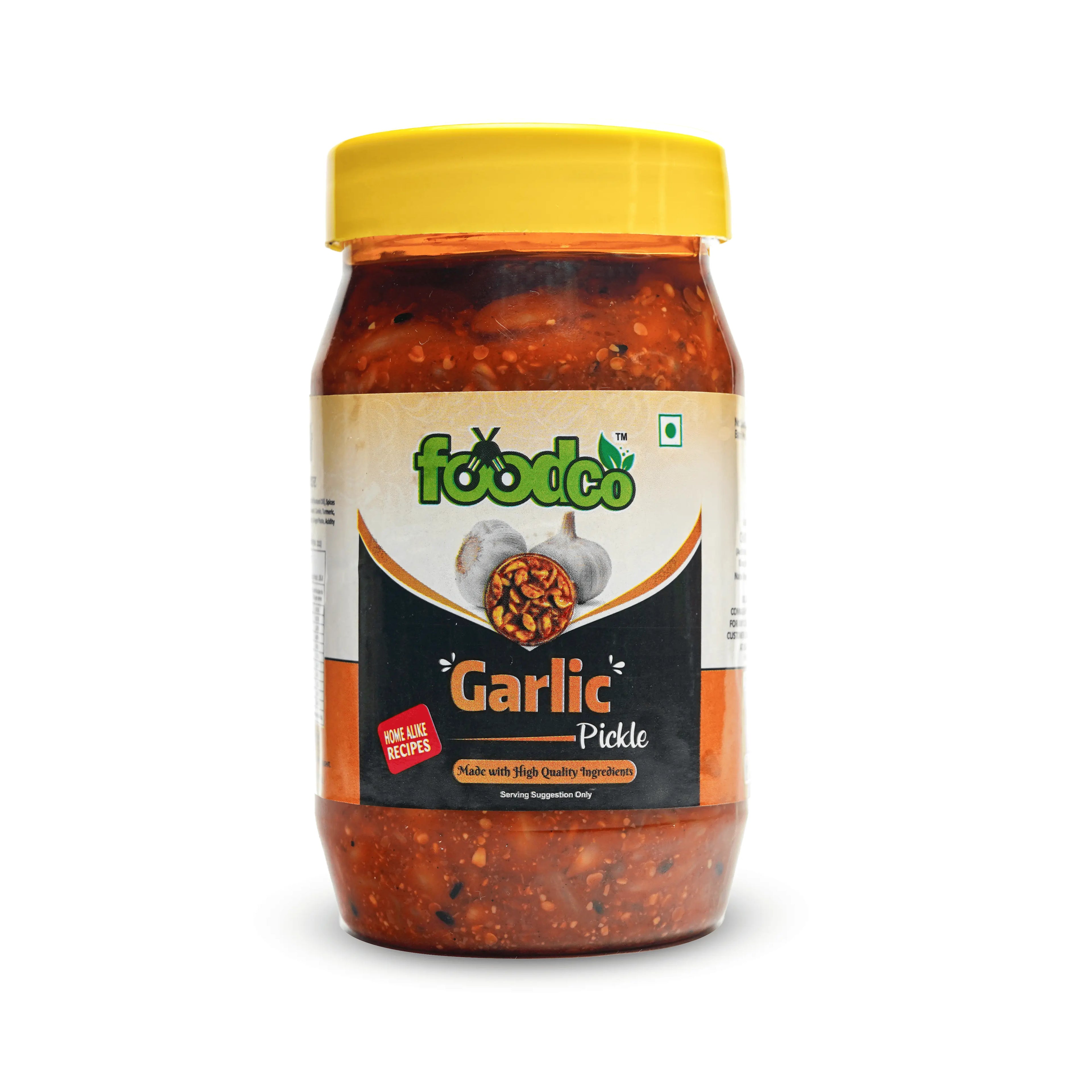 Jar of Garlic Pickle with 'Foodco' branding on a white background
