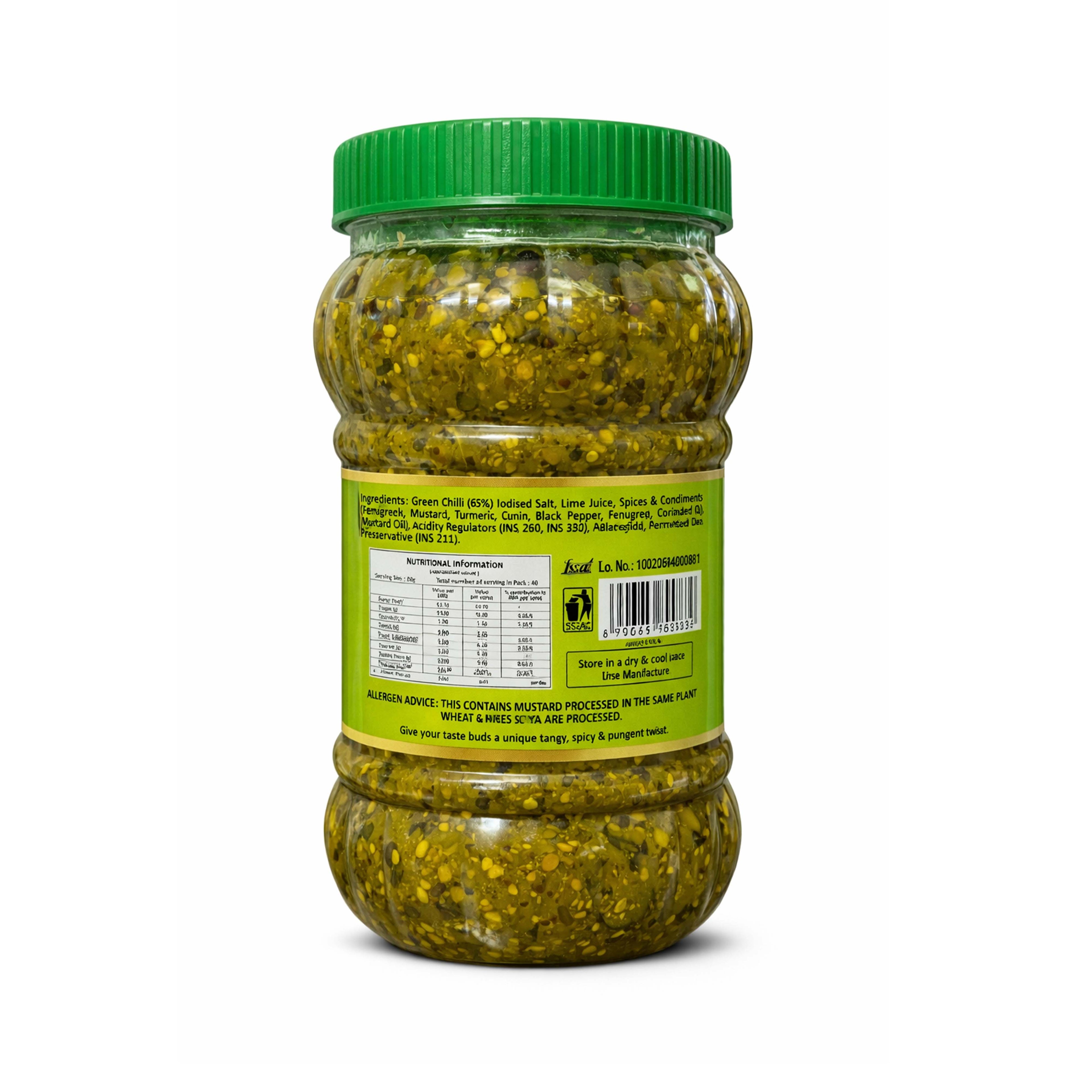 Jar of green pickles with a green lid on a white background