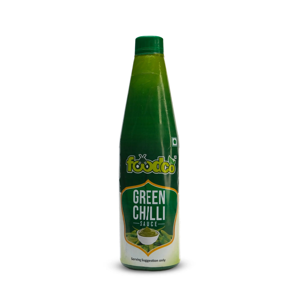 New Bottle of foodco green chilli sauce on a white background