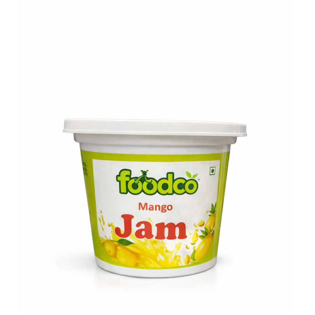 Container of foodco Mango Jam on a white background