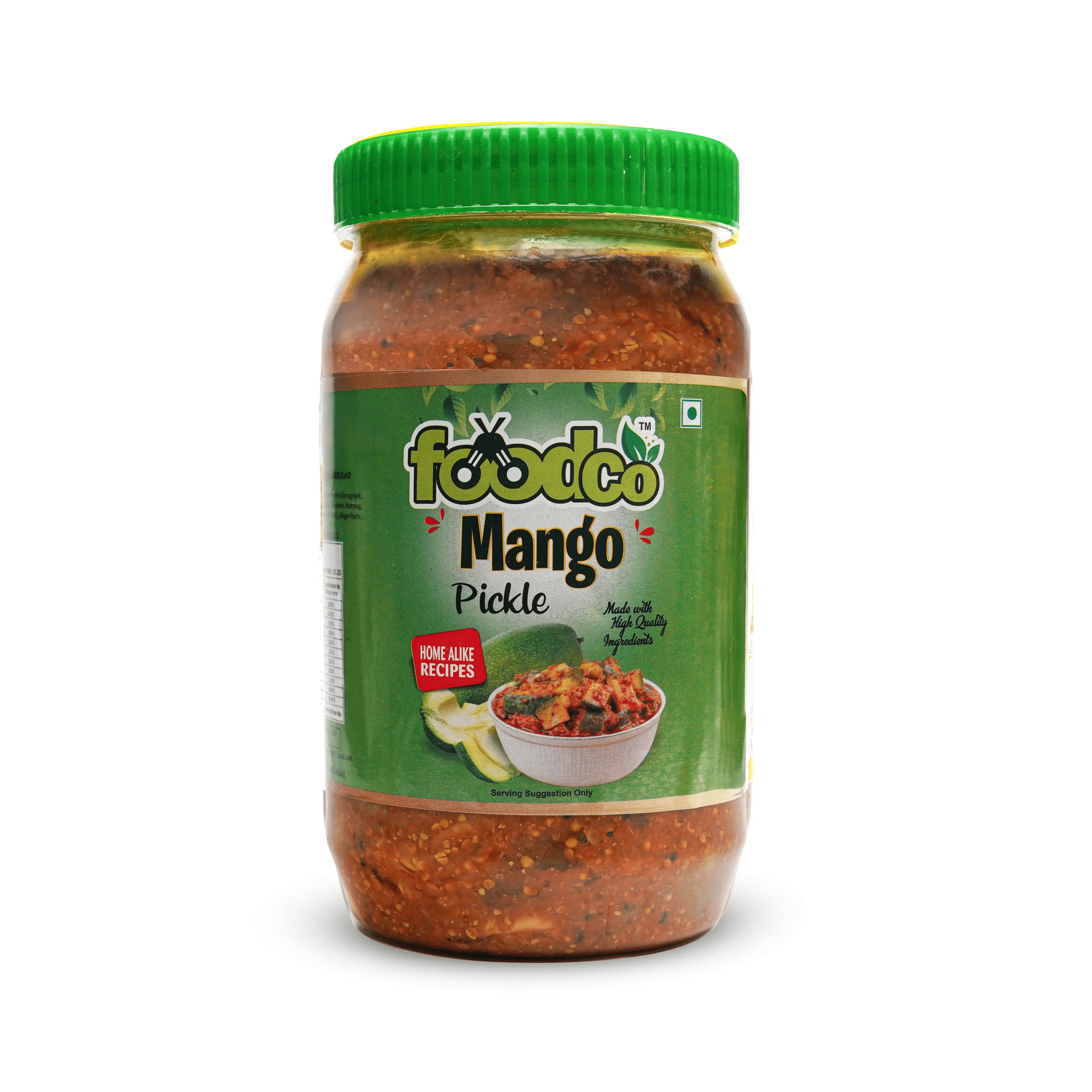 Jar of foodco Mango Pickle with green lid on a white background
