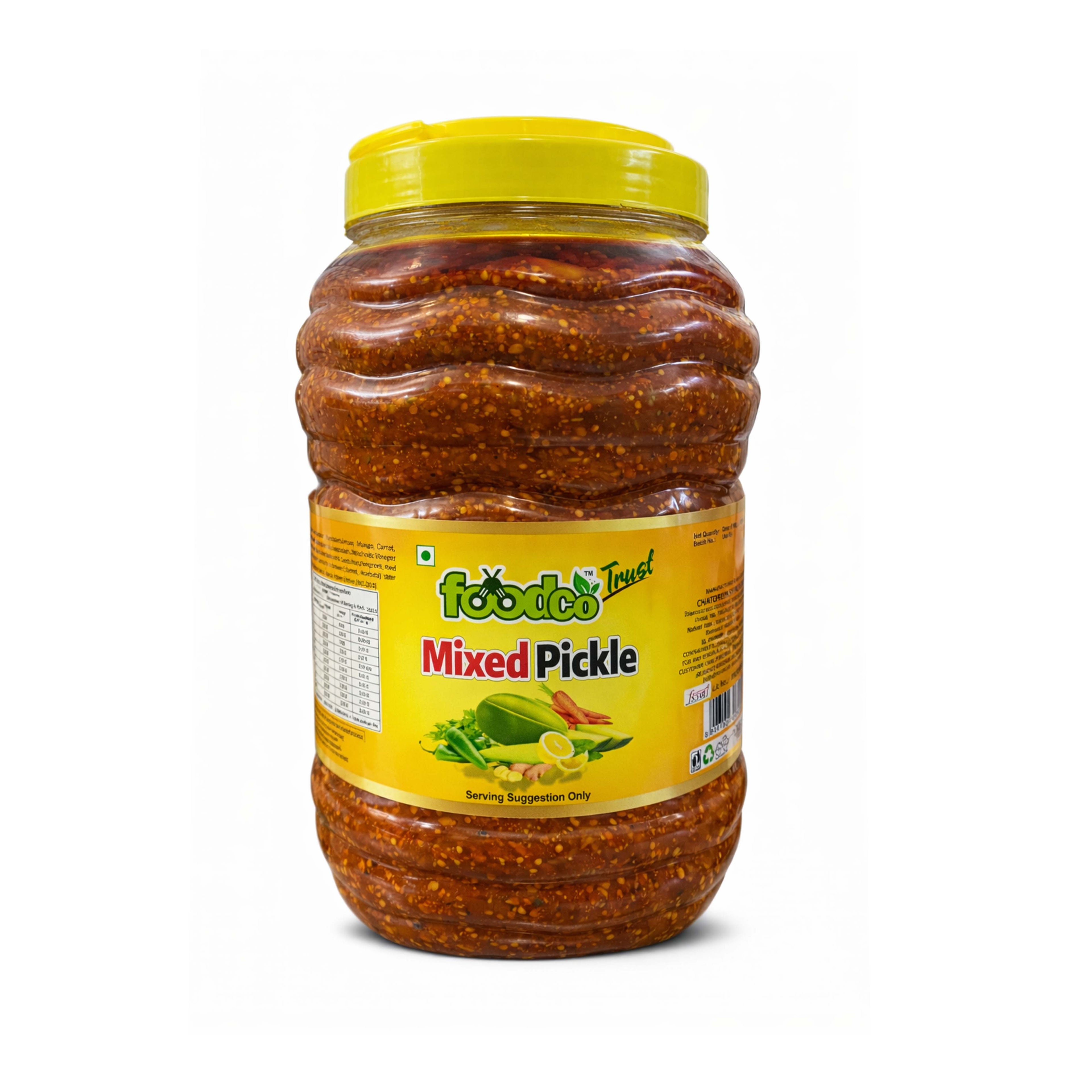 Jar of mixed pickle with yellow lid on a white background