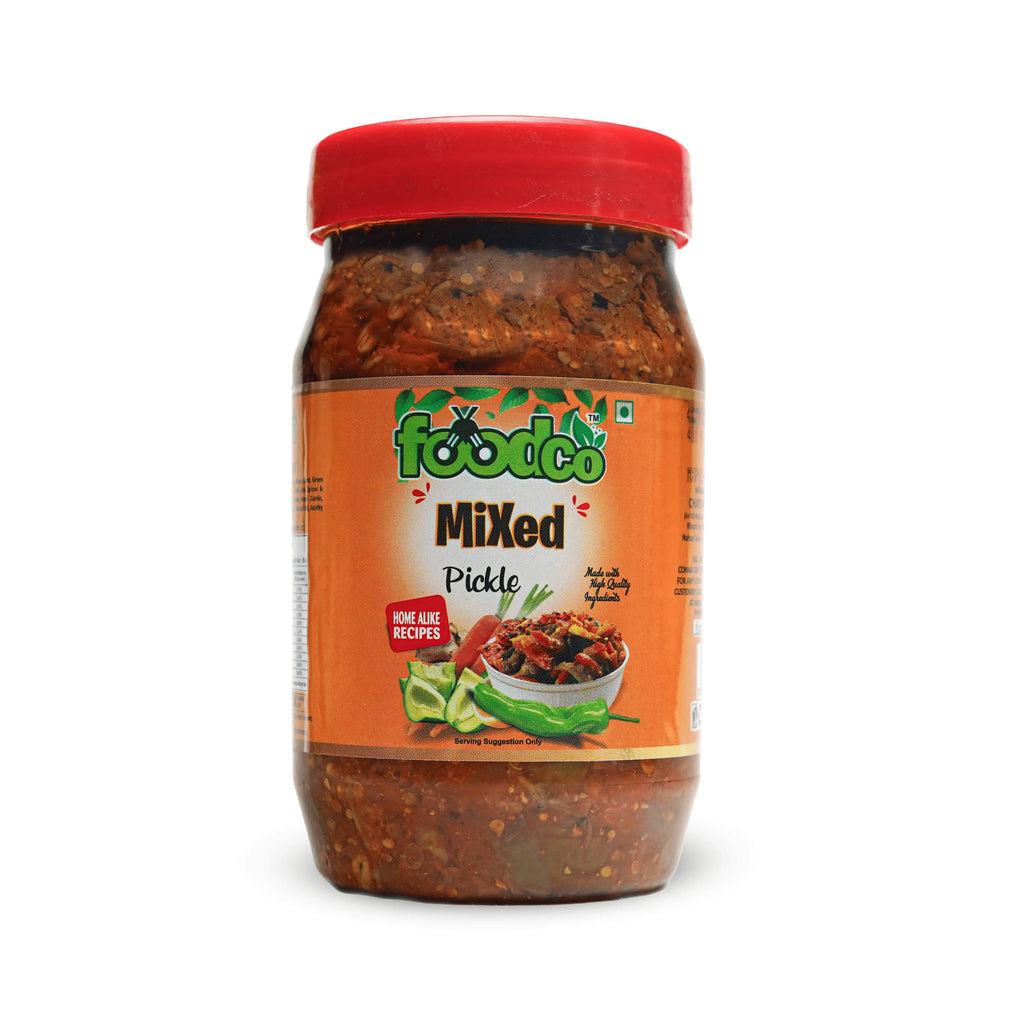Jar of foodco mixed pickle on a white background