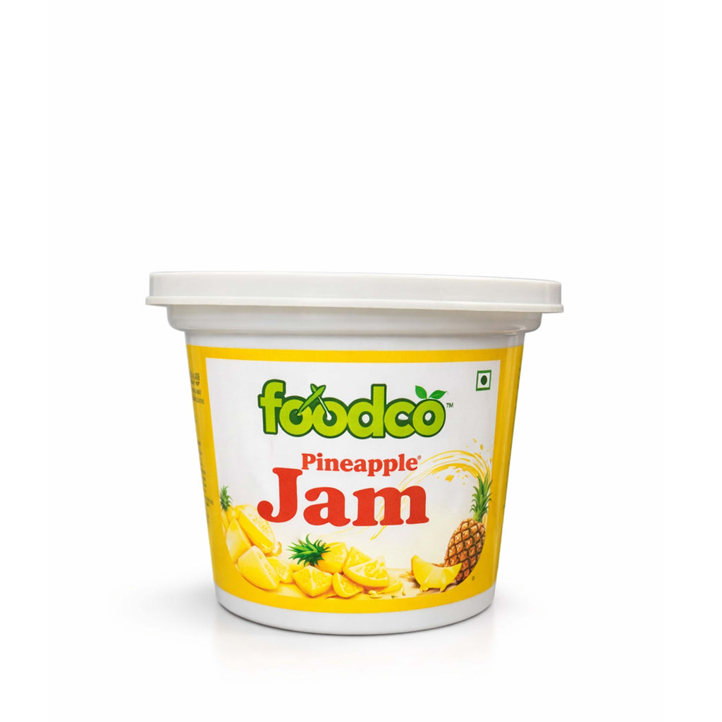 Container of Foodco Pineapple Jam on a white background
