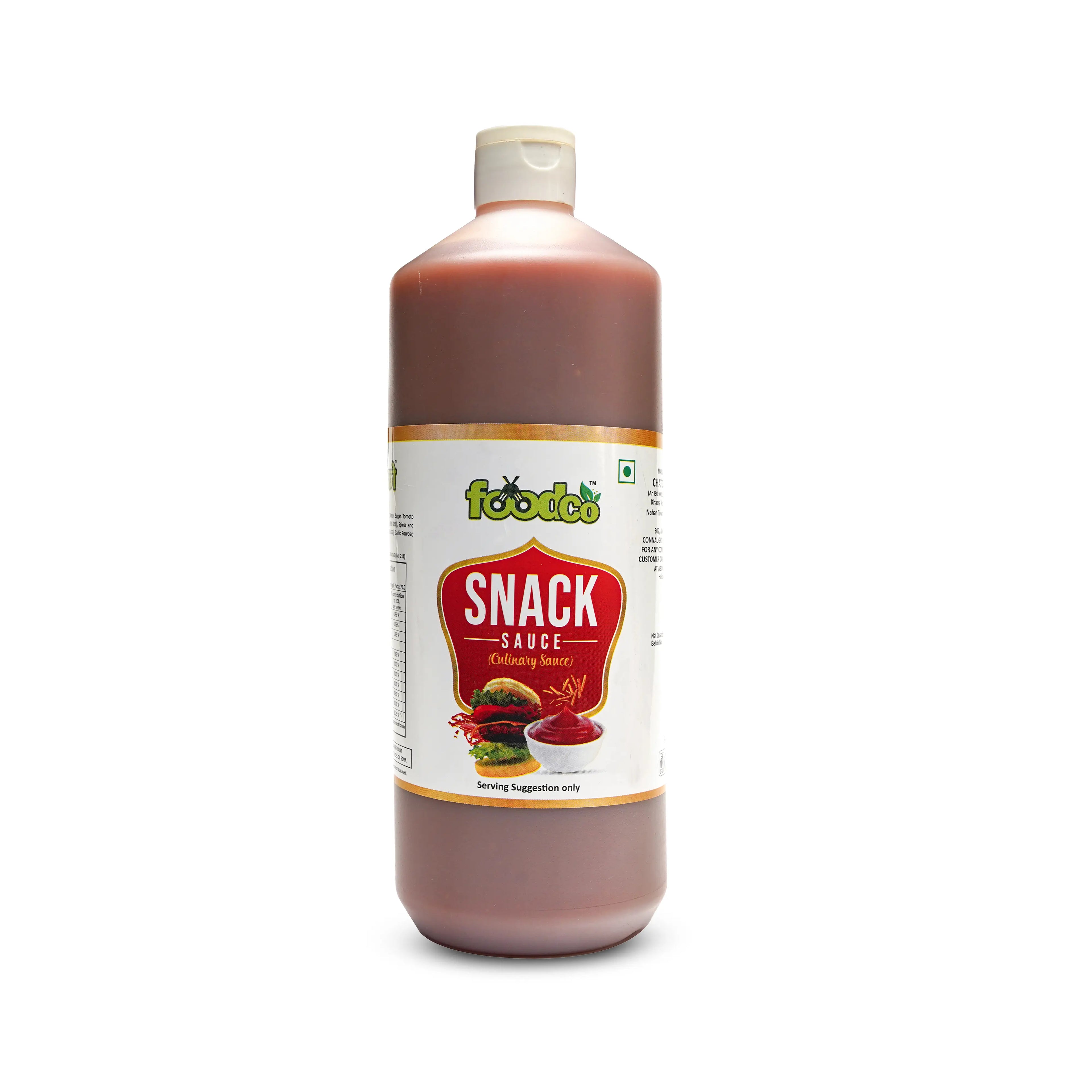 Bottle of snack sauce with a visible label on a white background
