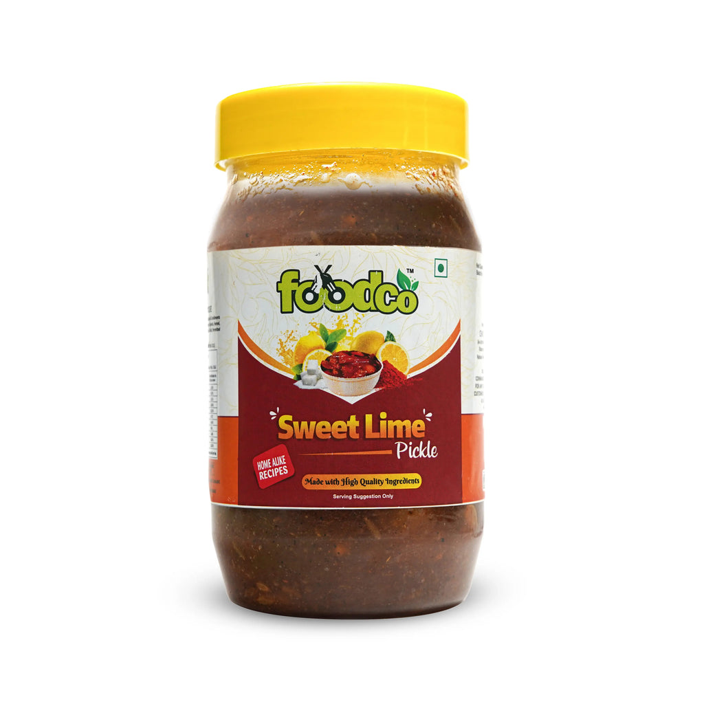 Jar of foodco Sweet Lime Pickle with a yellow lid on a white background