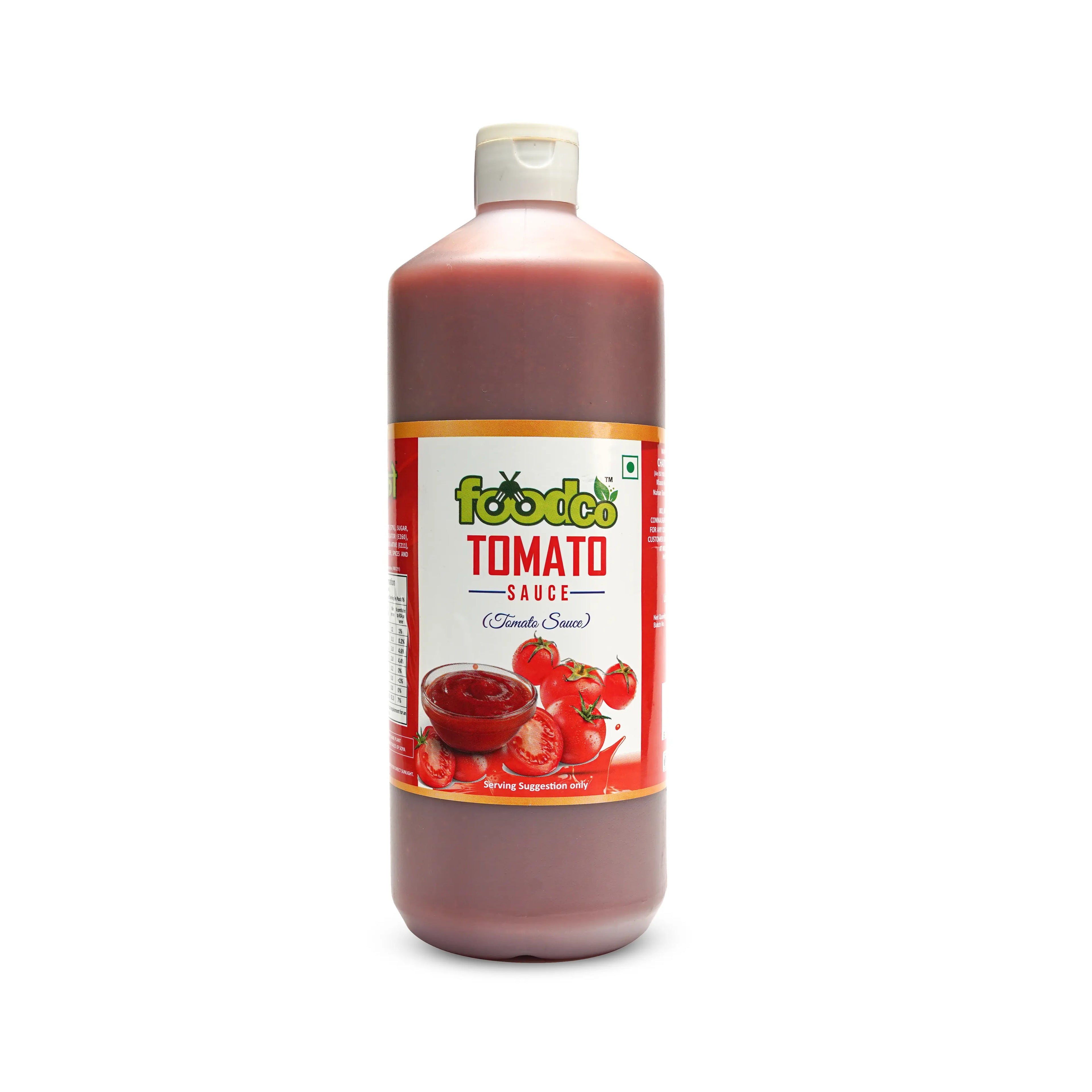 Bottle of tomato sauce with a visible label on a white background