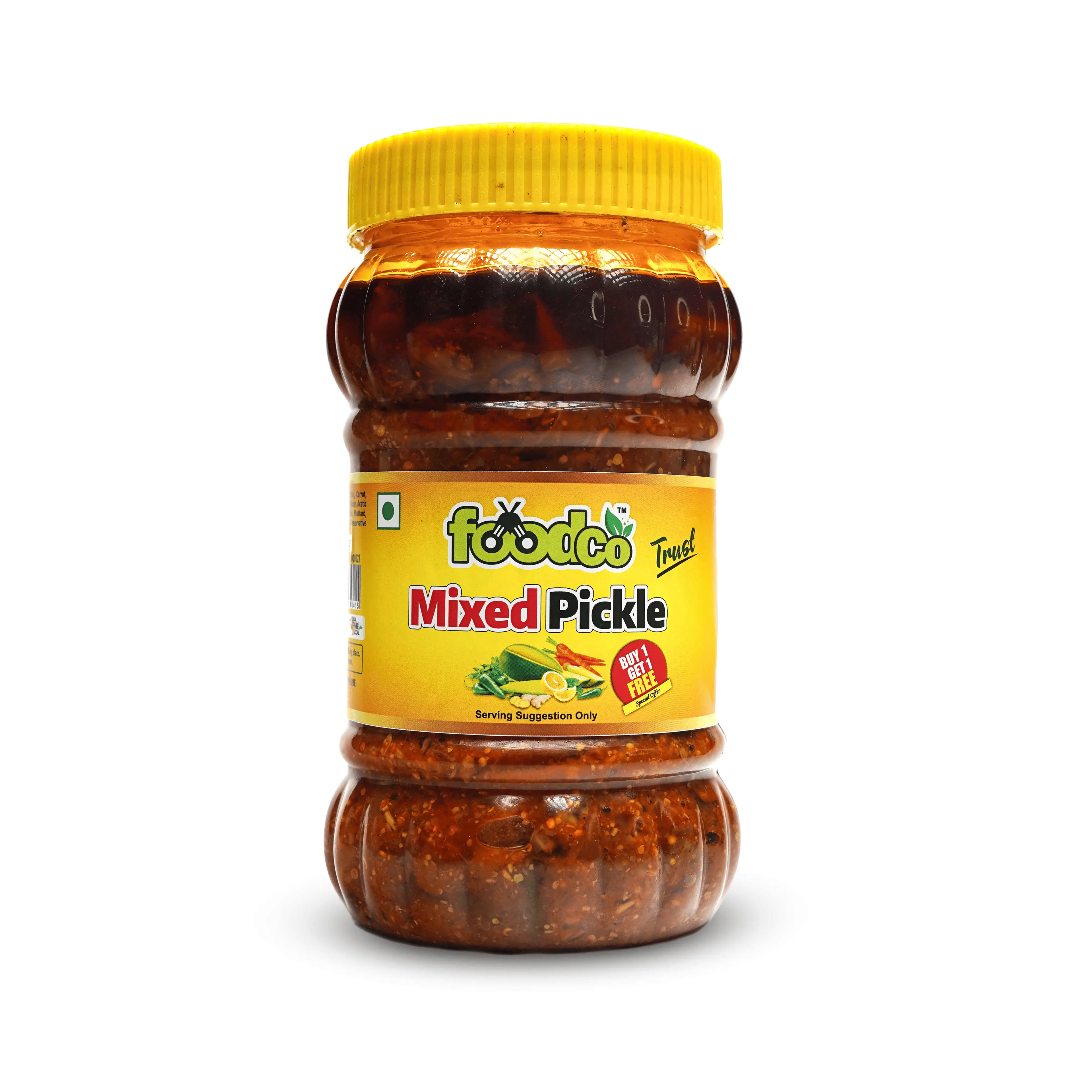 Jar of mixed pickle with yellow lid and label on a white background