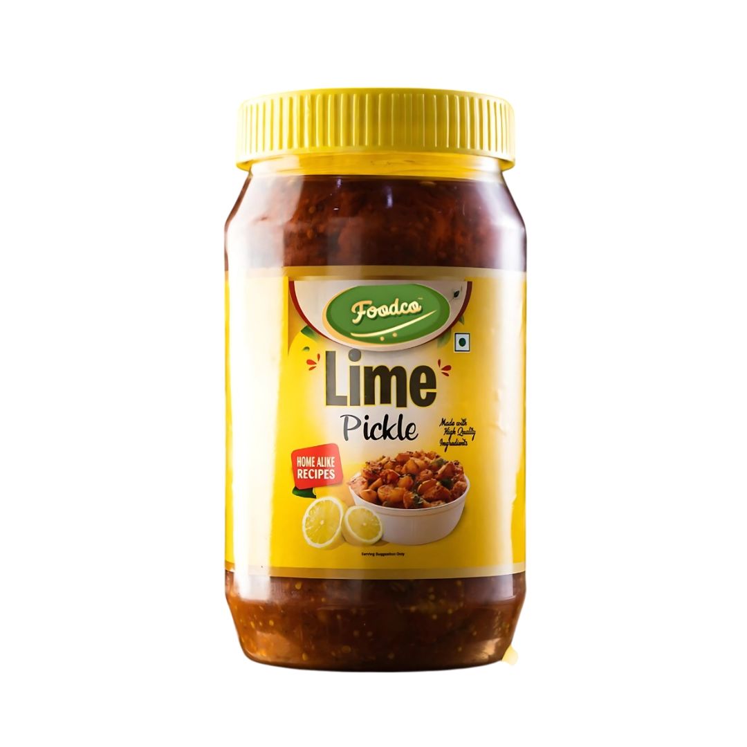 Jar of Lime Pickle with yellow lid and label on a white background