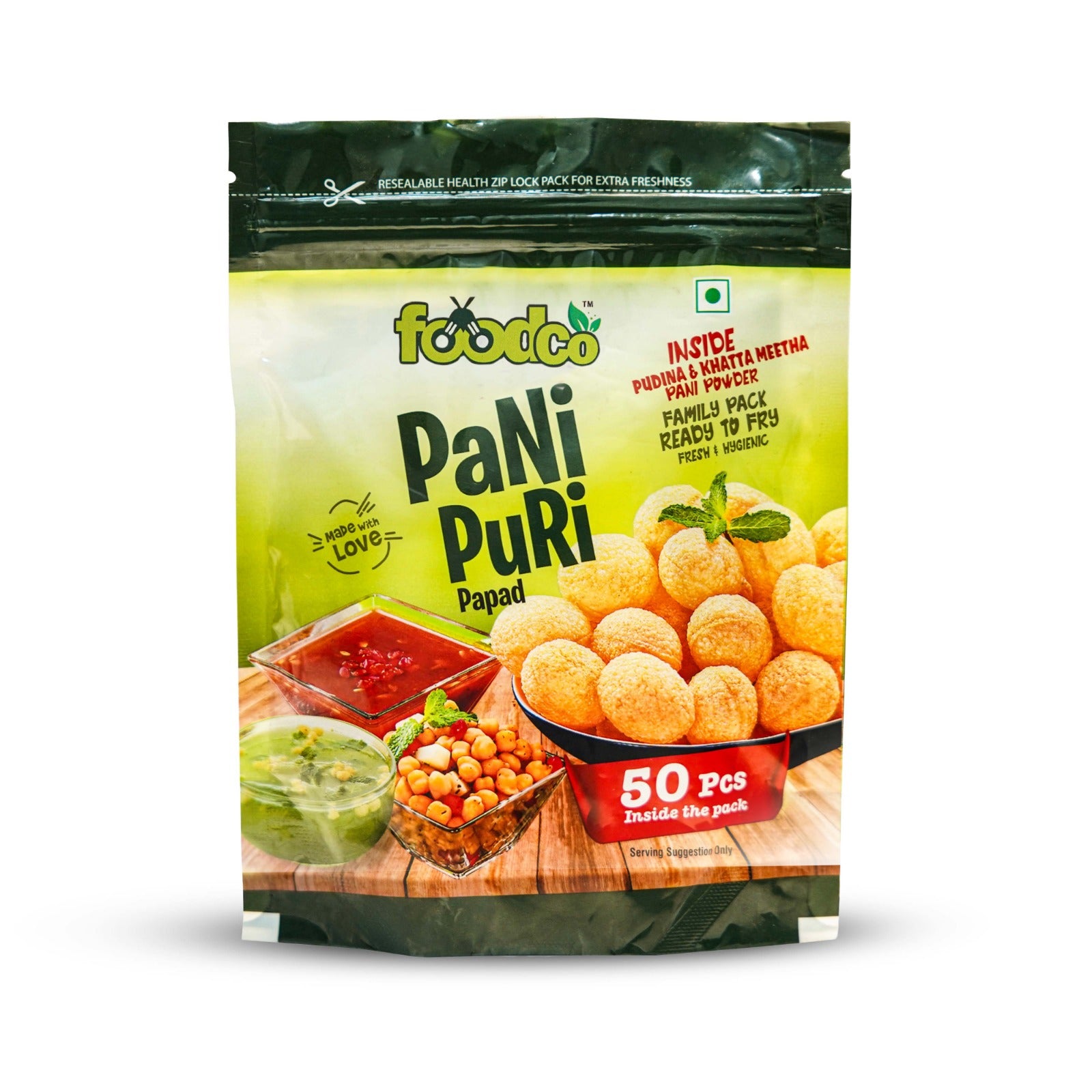 Packaging of foodco Pani Puri Papad with images of papads, chutneys, and chickpeas on a white background.