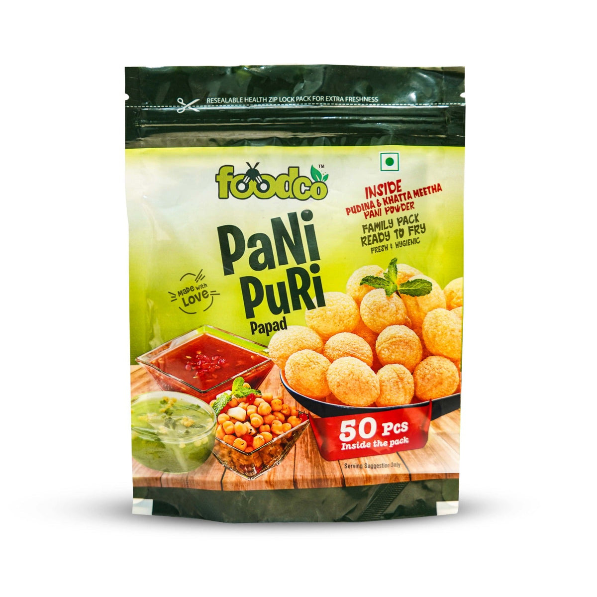 Packaging of foodco Pani Puri Papad with images of papads, chutneys, and chickpeas on a white background.