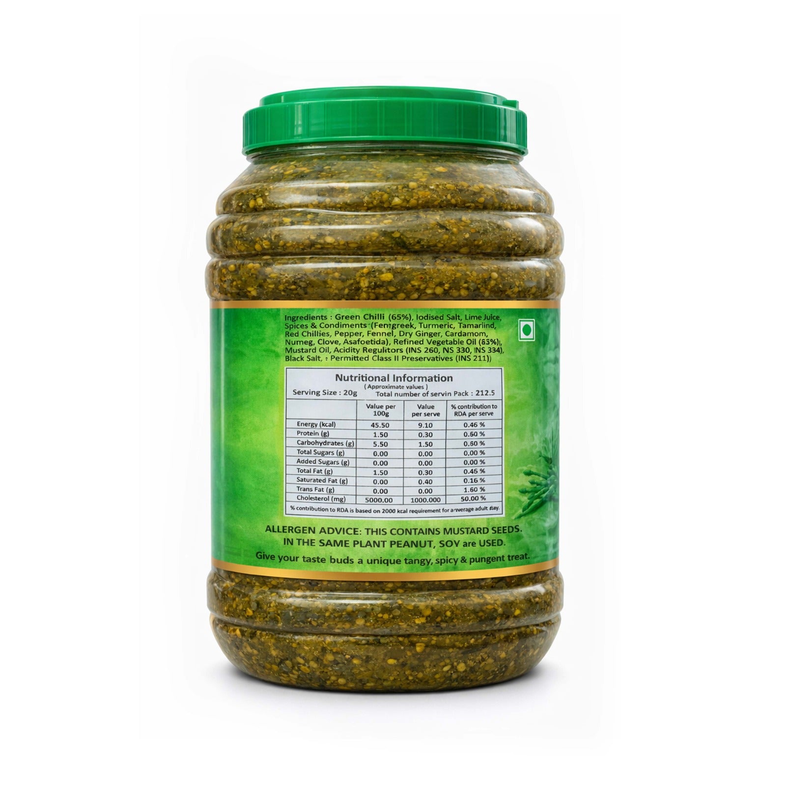 Jar of green spread with a green lid on a white background
