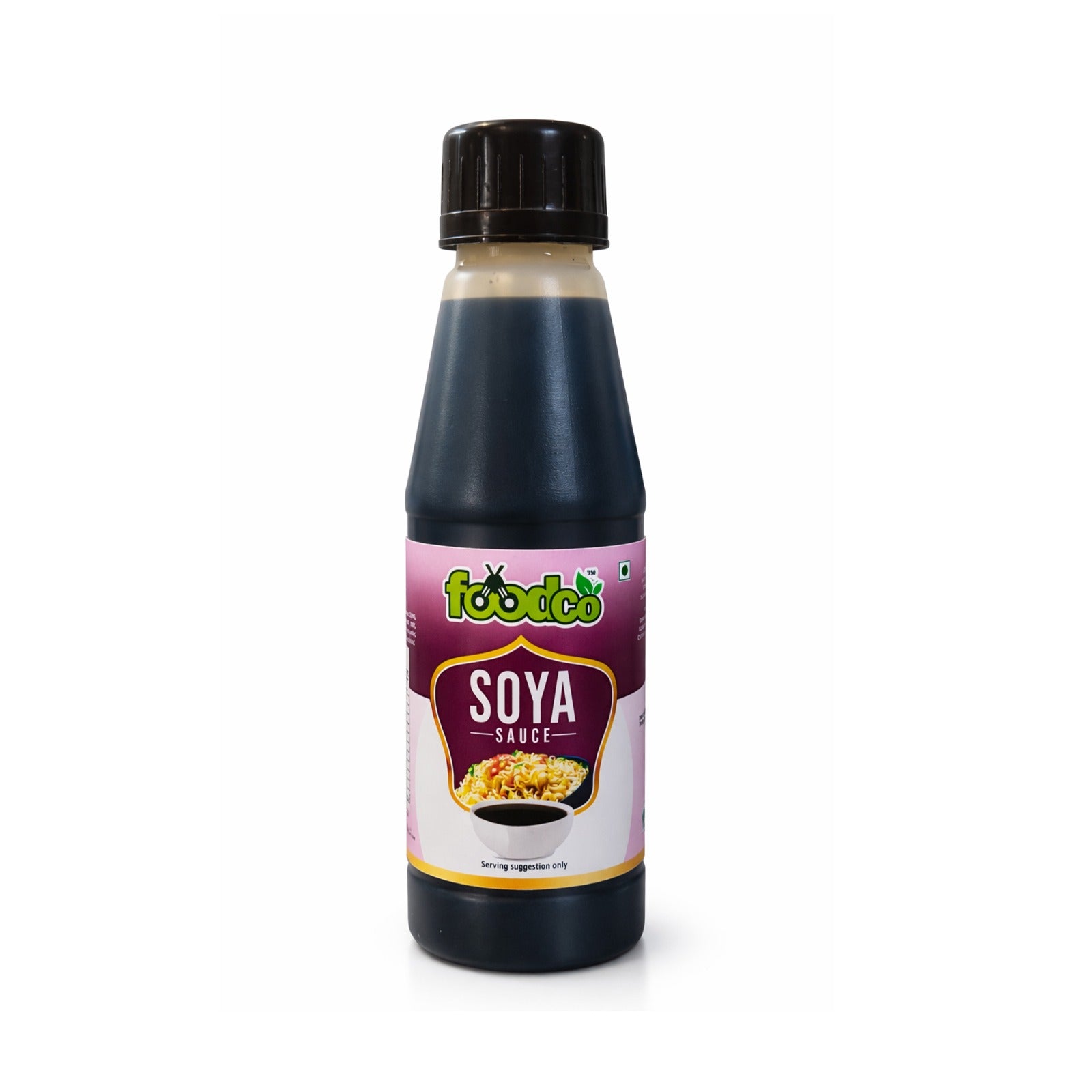 Bottle of soya sauce with a visible label on a white background