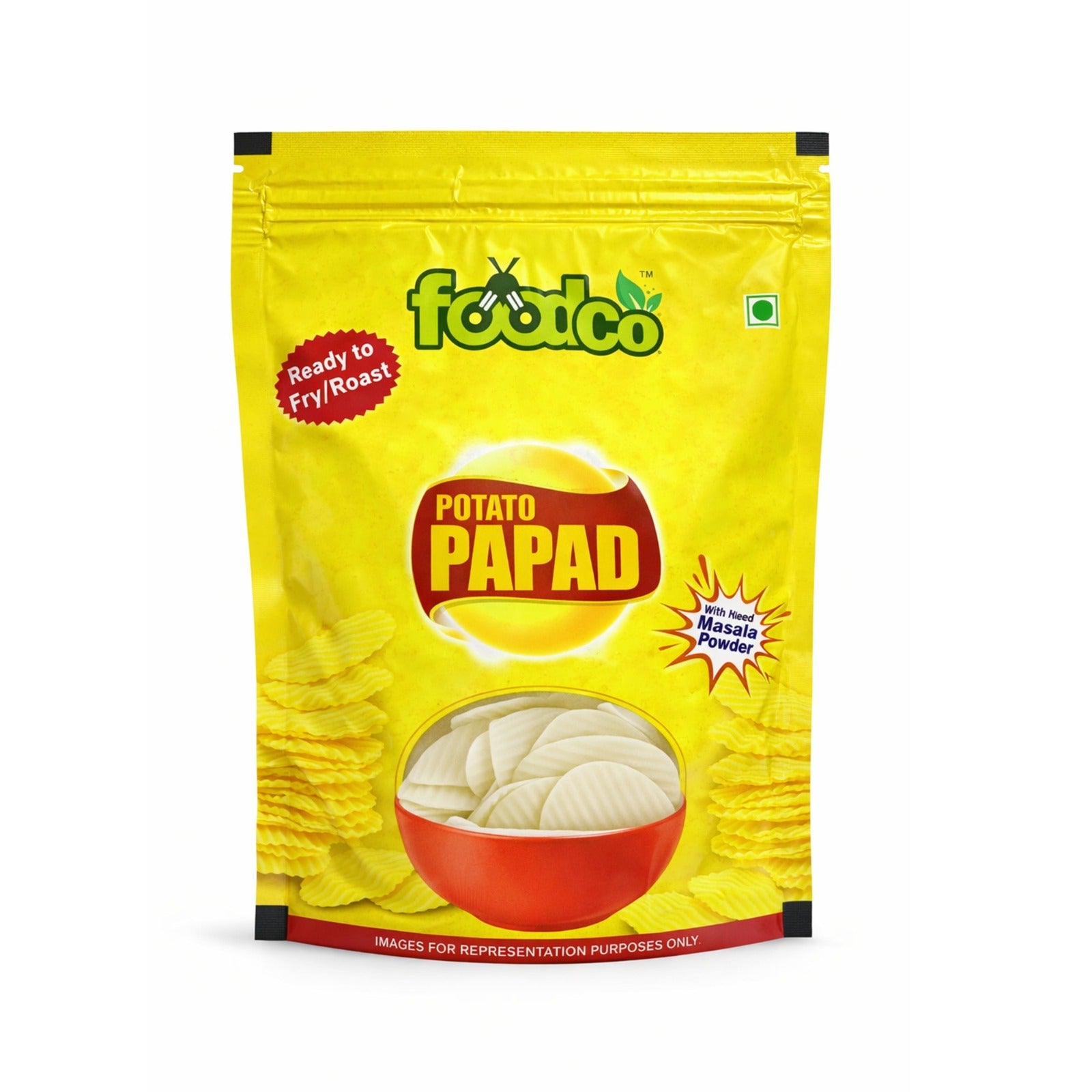 Yellow package of Foodco Potato Papad on a white background