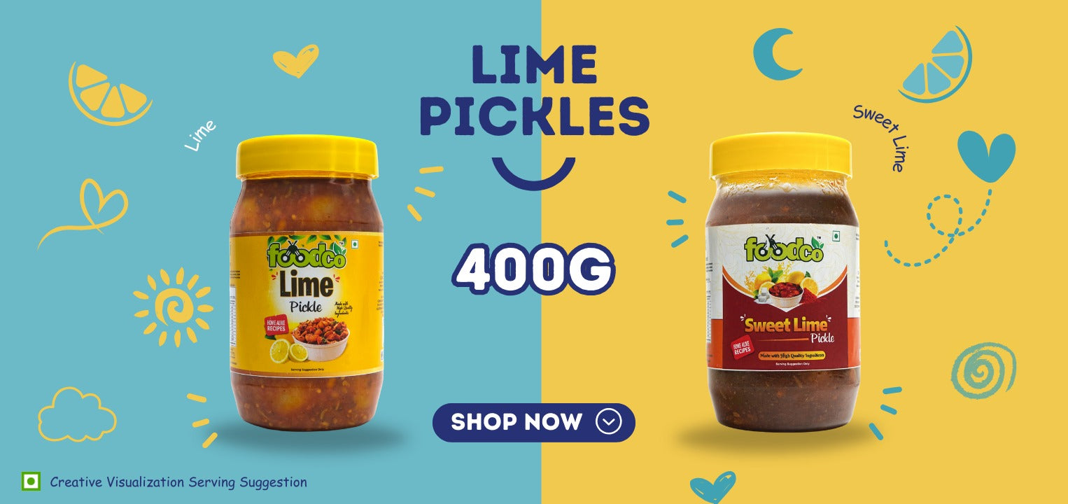 Two jars of lime pickles with colorful design elements on a blue and yellow background.