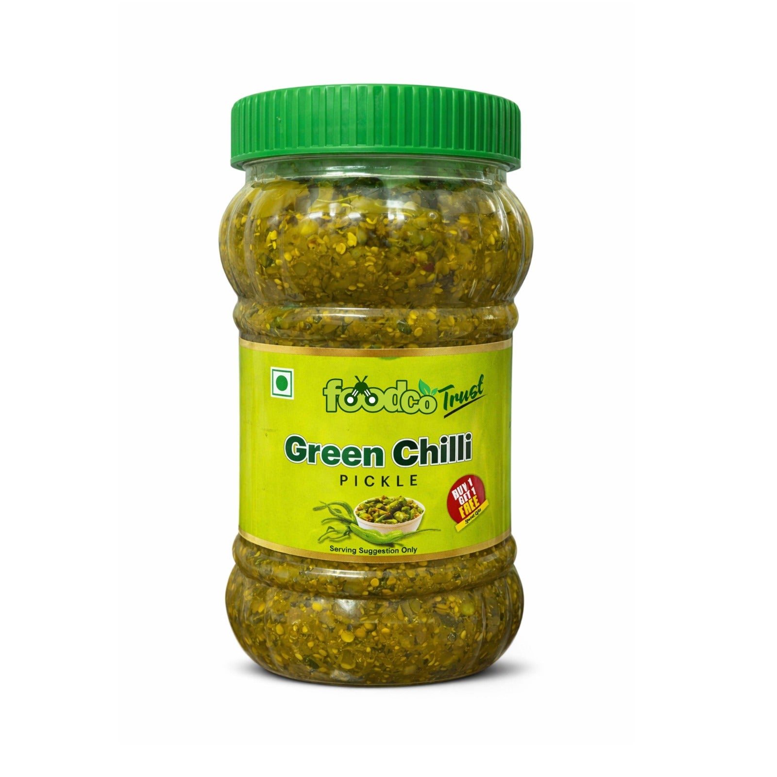 Jar of green chili pickle with a green lid on a white background