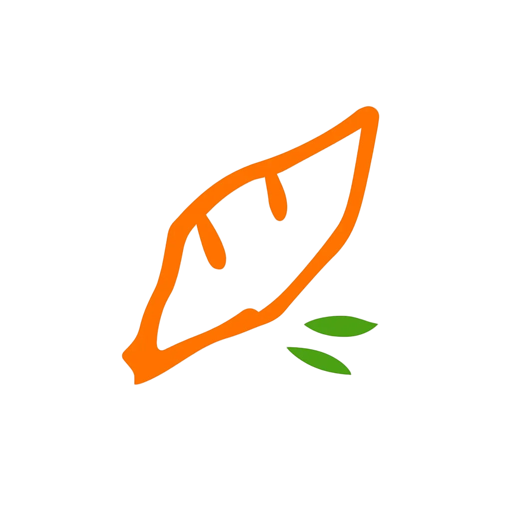 Orange arrow with a green leaf on a white background